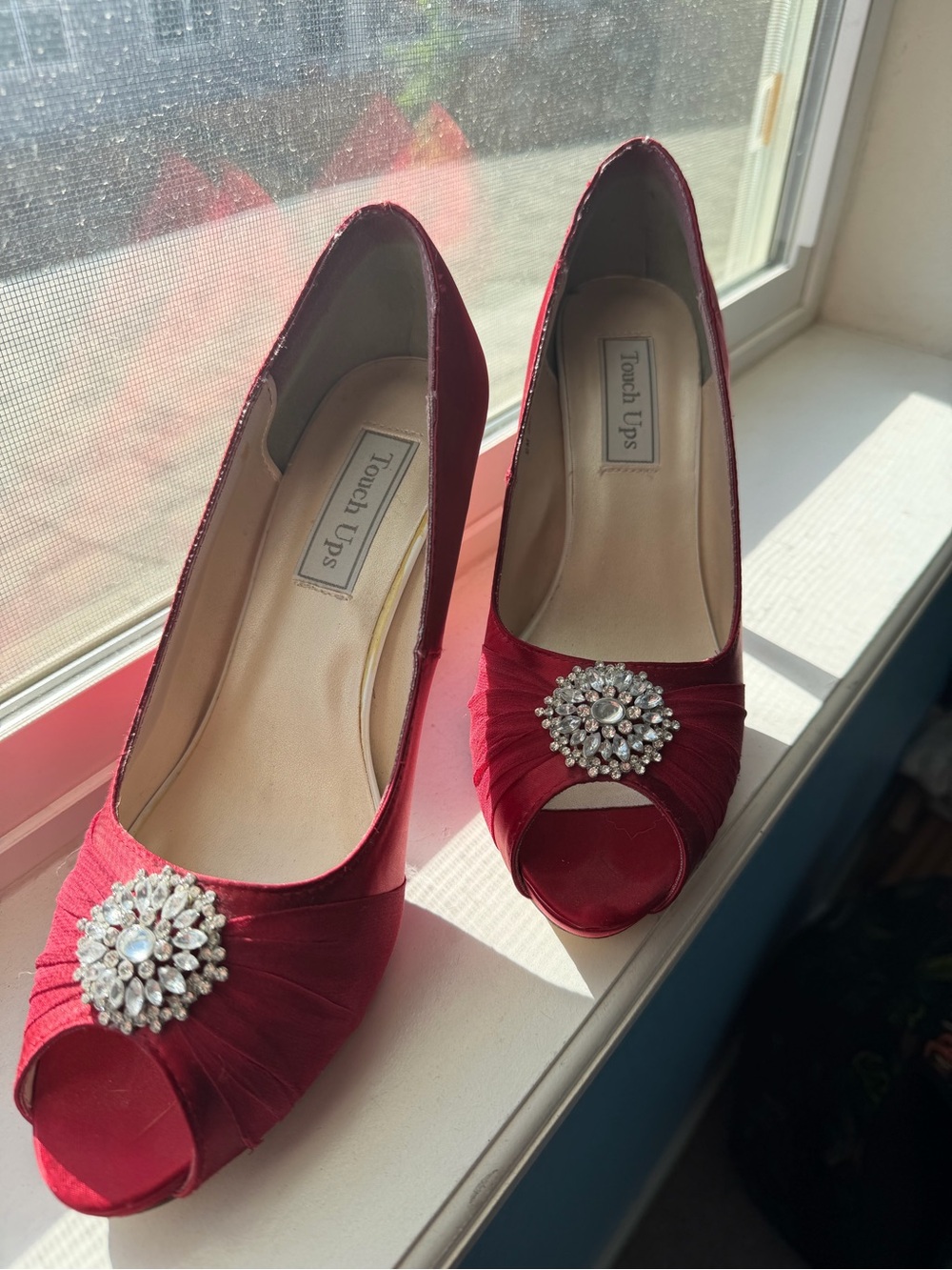 Touch Ups Women's Ruby Red Satin Peep-Toe Heels with Rhinestone Accent
